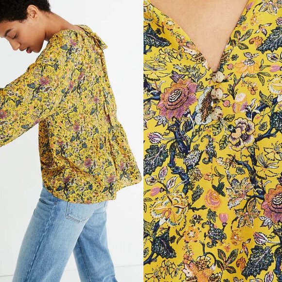 Madewell Karen Walker 100% Silk Bohemian Yellow Floral Print Blouse Size XS Boho - Picture 2 of 16